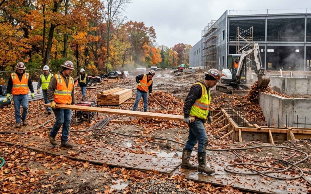 Construction workers in orange vests and hard hats collaborate on a busy construction site, surrounded by machinery and materials